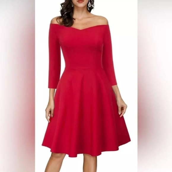 4. Grace Karin Red Off The Shoulder 3/4 Sleeve Knee Length Dress Size Medium - Picture 1 of 9
